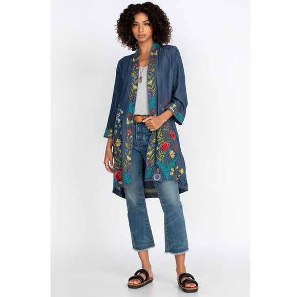 Johnny Was Kimono Long Provence Coat Denim Blue Embroidery Jacket Floral NEW - Picture 2 of 8